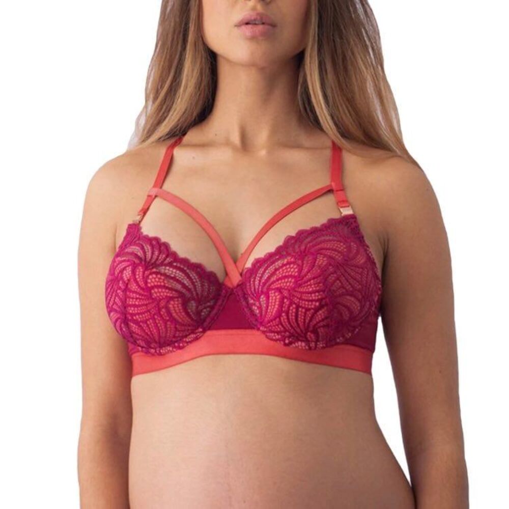 Hotmilk Warrior Balconette Nursing Bra 32F Magenta Orange Caged Lace Convertible